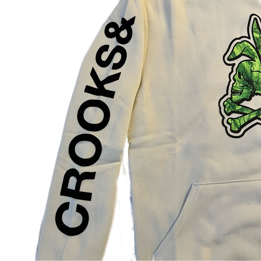 Crooks & Castles Skullbunny Cream Hoodie with Green Herb Design - Picture 2 of 7